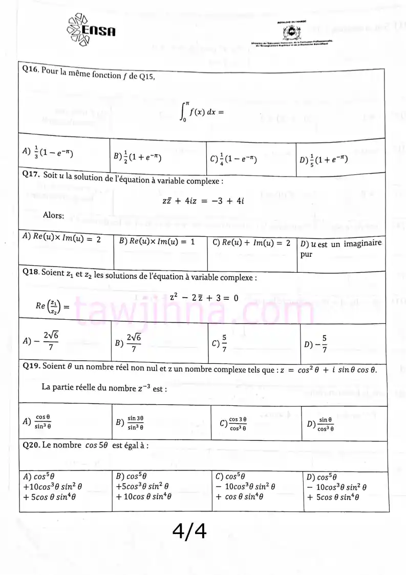 نماذج مباريات ENSA math 4